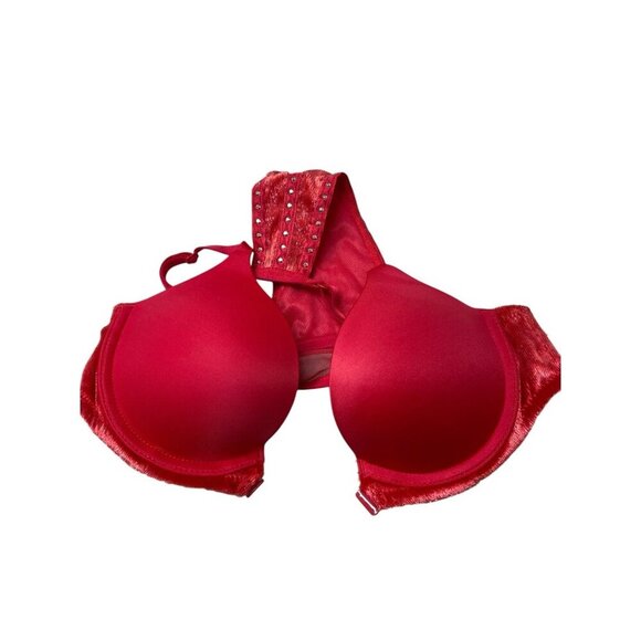 VICTORIA SECRET Very Sexy Push-Up 32A Bra Red Velvet Studded Front Closure Pad - Picture 7 of 8